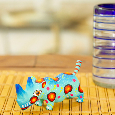 Wood alebrije figurine, 'Cute Rhino in Aqua' - Mexican Hand-Painted Wood Alebrije Rhino Figurine in Aqua