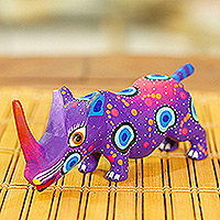 Wood alebrije figurine, 'Cute Rhino in Purple' - Mexican Hand-Painted Wood Alebrije Rhino Figurine in Purple