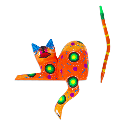 Figura de niñera de estante alebrije de madera - Figura de niñera de estante alebrije de madera pintada a mano de gato naranja 