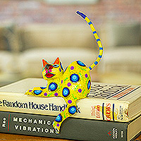 Wood alebrije shelf sitter figurine, 'Yellow Cute Cat' - Yellow Cat Hand-Painted Wood Alebrije Shelf Sitter Figurine