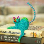 Wood alebrije shelf sitter figurine, 'Aqua Cute Cat' - Aqua Cat Hand-Painted Wood Alebrije Shelf Sitter Figurine