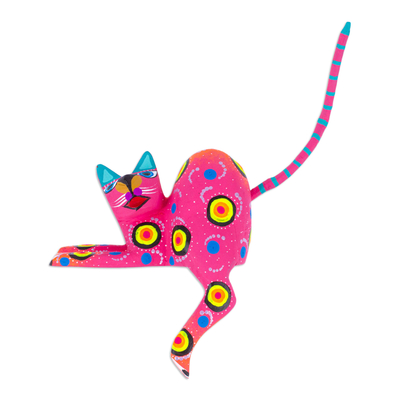 Wood alebrije figurine, 'Placid Feline in Pink' - Hand-Painted Pink Copal Wood Alebrije Cat Figurine