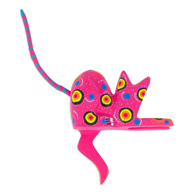 Figurilla de alebrije de madera - Figura de gato alebrije de madera de copal rosa pintada a mano