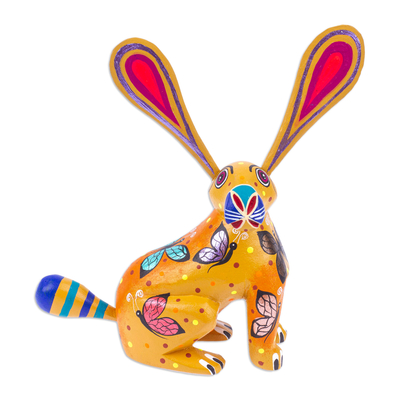 Wood alebrije figurine, 'Fluffy Honey Ears' - Butterfly-Themed Honey Copal Wood Alebrije Bunny Figurine