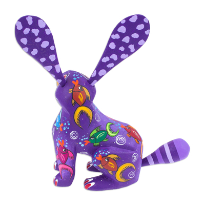 Wood alebrije figurine, 'Fluffy Blue-Violet Ears' - Marine-Themed Purple Copal Wood Alebrije Bunny Figurine
