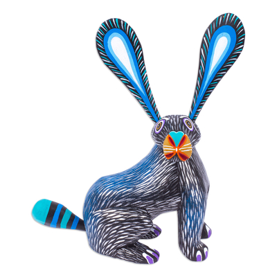 Wood alebrije figurine, 'Fluffy Midnight Ears' - Blue and Black Copal Wood Alebrije Bunny Figurine