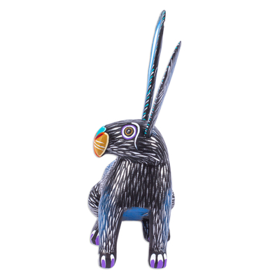 Wood alebrije figurine, 'Fluffy Midnight Ears' - Blue and Black Copal Wood Alebrije Bunny Figurine
