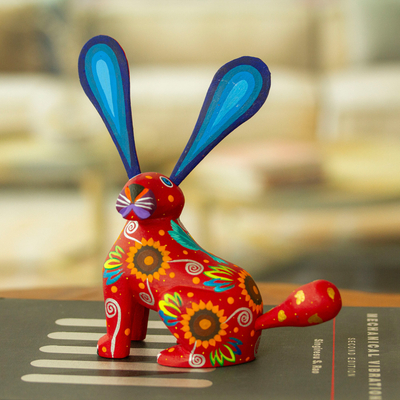 Wood alebrije figurine, 'Fluffy Russet Ears' - Floral Russet Copal Wood Alebrije Bunny Figurine from Mexico