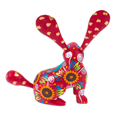 Wood alebrije figurine, 'Fluffy Russet Ears' - Floral Russet Copal Wood Alebrije Bunny Figurine from Mexico