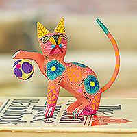 Wood alebrije figurine, 'Cute Cat with Ball' - Hand-Painted Wood Alebrije Figurine of Cat Playing with Ball