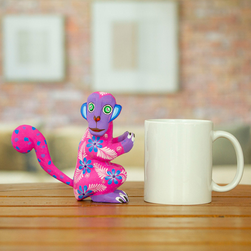 Floral Painted Azalea Copal Wood Alebrije Monkey Figurine