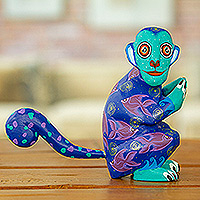 Wood alebrije figurine, 'Playful Soul in Indigo' - Fish-Themed Indigo Copal Wood Alebrije Monkey Figurine