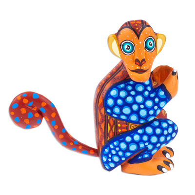 Figurilla de alebrije de madera - Figura de Mono Alebrije de Madera de Copal Pintada en Marrón y Azul