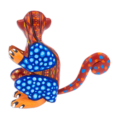 Figurilla de alebrije de madera - Figura de Mono Alebrije de Madera de Copal Pintada en Marrón y Azul