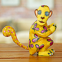 Wood alebrije figurine, 'Playful Soul in Honey' - Butterfly-Themed Honey Copal Wood Alebrije Monkey Figurine