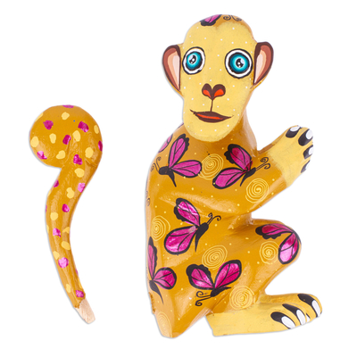 Wood alebrije figurine, 'Playful Soul in Honey' - Butterfly-Themed Honey Copal Wood Alebrije Monkey Figurine