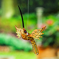 Wood alebrije ornament, 'Caramel Flight' - Painted Caramel Copal Wood Alebrije Hummingbird Ornament