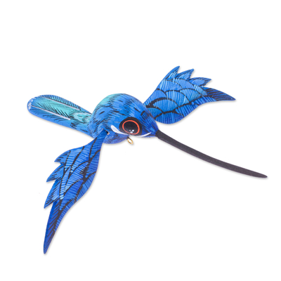 Wood alebrije ornament, 'Cyan Flight' - Painted Cyan Copal Wood Alebrije Hummingbird Oornament