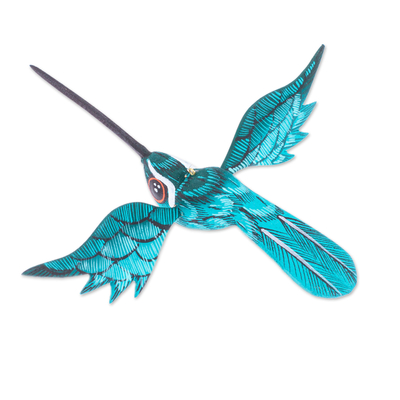 Wood alebrije ornament, 'Caribbean Flight' - Painted Caribbean Blue Wood Alebrije Hummingbird Ornament