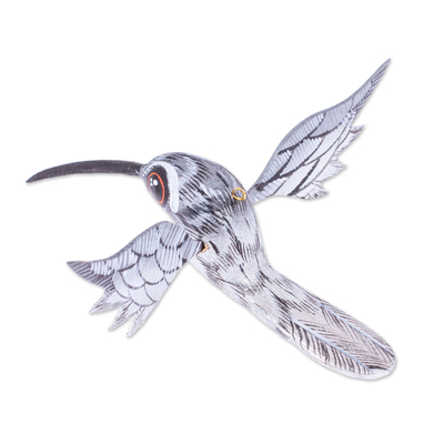 Wood alebrije ornament, 'Grey Flight' - Painted Grey Copal Wood Alebrije Hummingbird Ornament