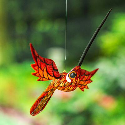 Wood alebrije ornament, 'Geranium Flight' - Painted Geranium Copal Wood Alebrije Hummingbird Ornament