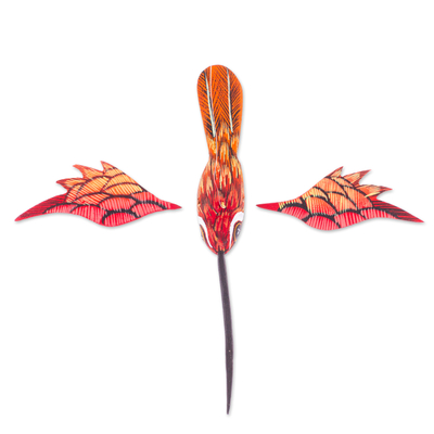 Wood alebrije ornament, 'Geranium Flight' - Painted Geranium Copal Wood Alebrije Hummingbird Ornament