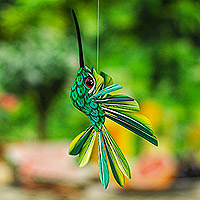 Wood alebrije ornament, 'Jungle Plumage' - Hand-Painted Green Copal Wood Alebrije Bird Ornament