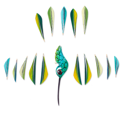 Wood alebrije ornament, 'Jungle Plumage' - Hand-Painted Green Copal Wood Alebrije Bird Ornament