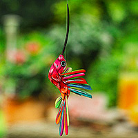 Wood alebrije ornament, 'Festival Plumage' - Hand-Painted Carnation Copal Wood Alebrije Bird Ornament