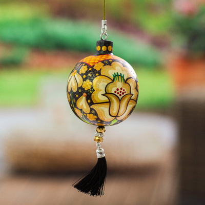 Wood ornament, 'Oaxaca's Golden Spring' - Hand-Painted Floral Copal Wood Ornament in a Golden