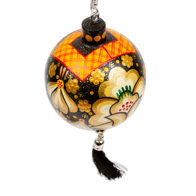 Wood ornament, 'Oaxaca's Golden Spring' - Hand-Painted Floral Copal Wood Ornament in a Golden