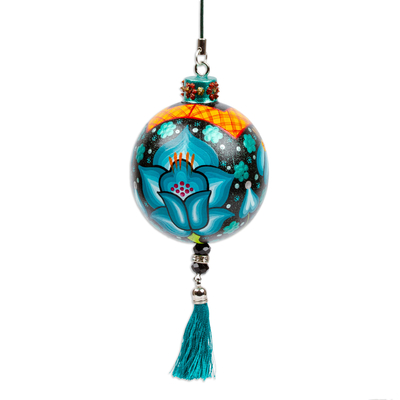 Wood ornament, 'Oaxaca's Turquoise Spring' - Hand-Painted Floral Copal Wood Ornament in Turquoise