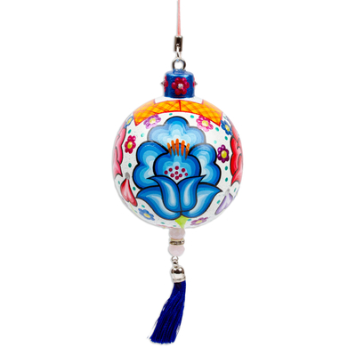 Wood ornament, 'Oaxaca's Heavenly Spring' - Hand-Painted Floral Copal Wood Ornament in a White Base Hue