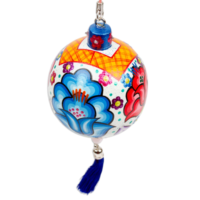 Wood ornament, 'Oaxaca's Heavenly Spring' - Hand-Painted Floral Copal Wood Ornament in a White Base Hue