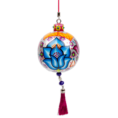Wood ornament, 'Oaxaca's Silver Spring' - Hand-Painted Floral Copal Wood Ornament in a Silver Base Hue