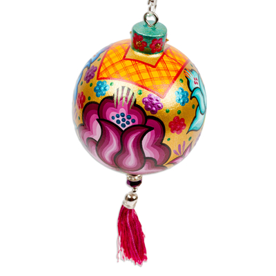 Wood ornament, 'Oaxaca's Colorful Spring' - Hand-Painted Floral Copal Wood Ornament in a Golden Base Hue