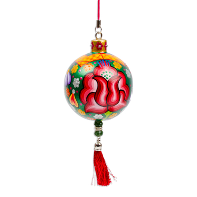 Wood ornament, 'Oaxaca's Green Spring' - Hand-Painted Floral Copal Wood Ornament in a Green Base Hue