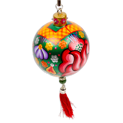 Wood ornament, 'Oaxaca's Green Spring' - Hand-Painted Floral Copal Wood Ornament in a Green Base Hue