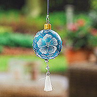 Wood ornament, 'Turquoise Elysium' - Painted Floral Copal Wood Ornament in Turquoise and White