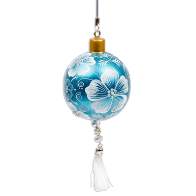 Wood ornament, 'Turquoise Elysium' - Painted Floral Copal Wood Ornament in Turquoise and White