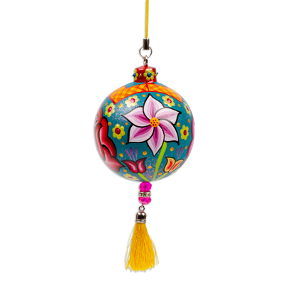 Wood ornament, 'Oaxaca's Teal Spring' - Hand-Painted Floral Copal Wood Ornament in a Teal Base Hue