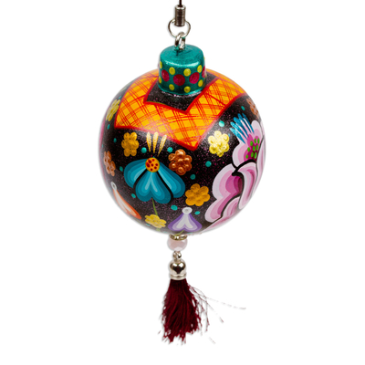 Wood ornament, 'Oaxaca's Night Spring' - Hand-Painted Floral Copal Wood Ornament in Colorful Hues