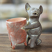 Figura de cerámica, 'Perro de Colima con Jarrón' - Figura de perro prehispánico mexicano de cerámica hecha a mano
