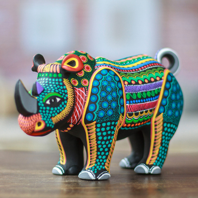 Ceramic alebrije figurine, 'Mighty Rhino' - Colorful Hand-Painted Rhino Ceramic Alebrije Figurine