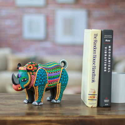 Ceramic alebrije figurine, 'Mighty Rhino' - Colorful Hand-Painted Rhino Ceramic Alebrije Figurine