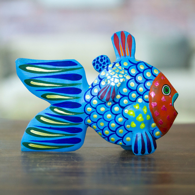 Wood alebrije figurine, 'Mojarra's Azure Dream' - Painted Azure and Orange Copal Wood Alebrije Fish Figurine