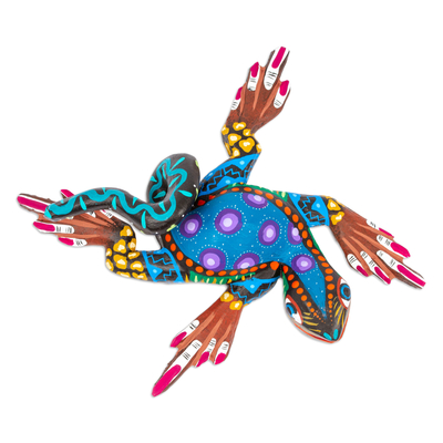 Figurilla de alebrije de madera - Figura de iguana alebrije de madera de copal cian pintada a mano
