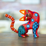 Wood alebrije figurine, 'Crimson Feline Questions' - Hand-Painted Copal Wood Alebrije Cat Figurine in Crimson