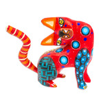 Wood alebrije figurine, 'Crimson Feline Questions' - Hand-Painted Copal Wood Alebrije Cat Figurine in Crimson