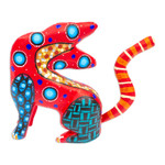 Wood alebrije figurine, 'Crimson Feline Questions' - Hand-Painted Copal Wood Alebrije Cat Figurine in Crimson